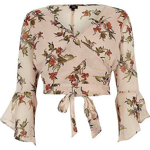 jacques-vertuk Cream floral print wrap frill sleeve crop top 706900 women Tops Crop Tops / Bralets