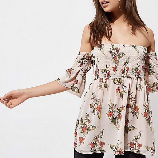 river island gift cards,jacques-vertuk Online Cream floral shirred bardot smock top women 704915