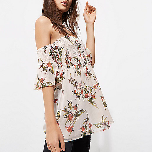 river island gift cards,jacques-vertuk Online Cream floral shirred bardot smock top women 704915