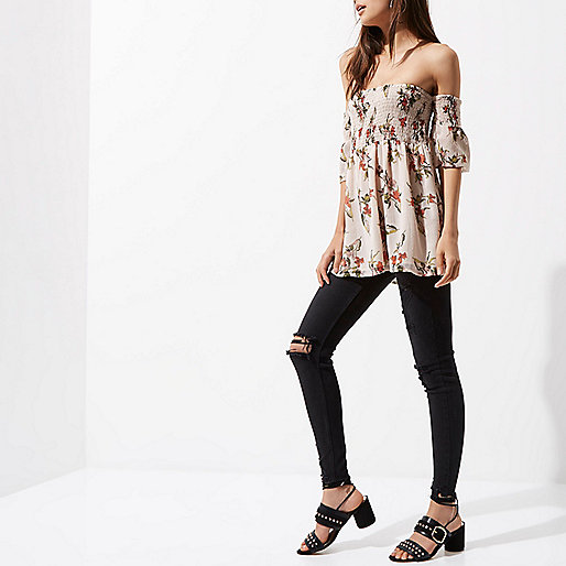 river island ie dresses,jacques-vertuk Dresses Cream floral shirred bardot smock top Bardot / Cold Shoulder Tops Tops women