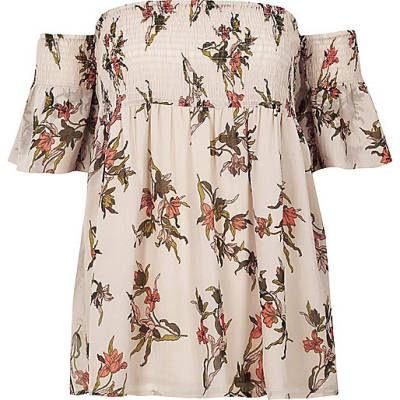 jacques-vertuk Cream floral shirred bardot smock top 704915 women Tops Bardot / Cold Shoulder Tops