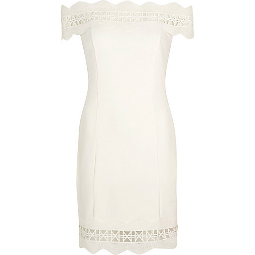 jacques-vertuk Cream geo lace trims bardot bodycon dress 703753 women Dresses Bardot / Bandeau Dresses