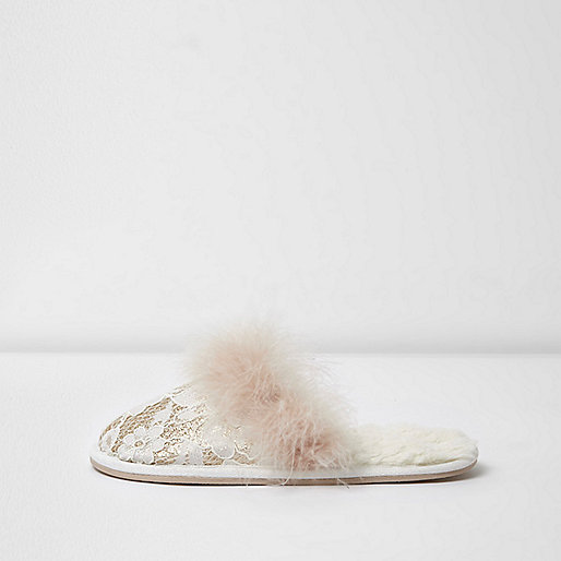 jacques-vertuk Cream glitter lace feather slippers 703355 women Nightwear & Slippers Slippers