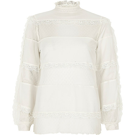 jacques-vertuk Cream lace and dobby mesh panel top 700747 women RI Limited Edition