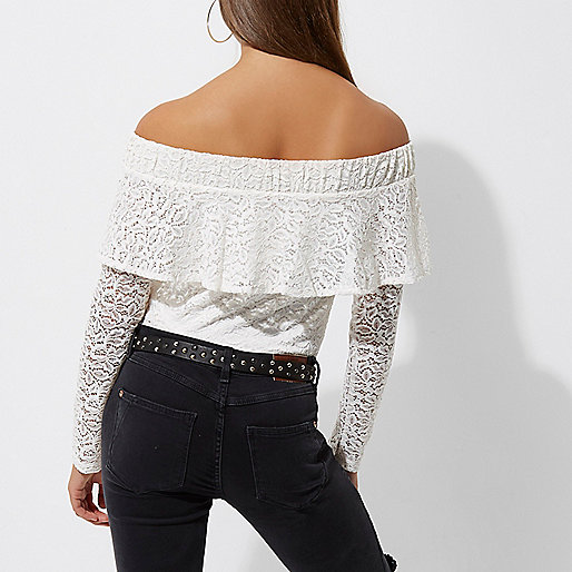 river island closing down,jacques-vertuk Outlet Cream lace frill bardot long sleeve top women 704764