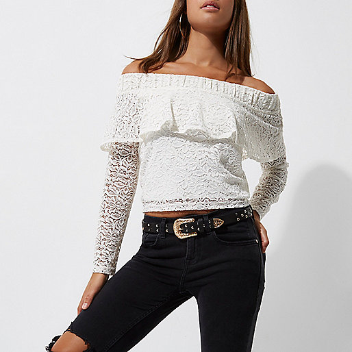 river island closing down,jacques-vertuk Outlet Cream lace frill bardot long sleeve top women 704764