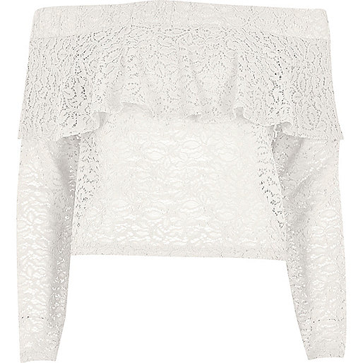 jacques-vertuk Cream lace frill bardot long sleeve top 704764 women Tops Bardot / Cold Shoulder Tops