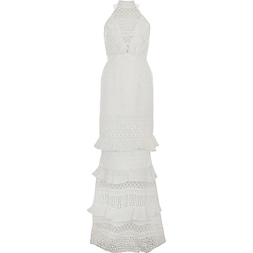 river island clearance womens,jacques-vertuk London Cream lace frill halter neck maxi dress women 701763