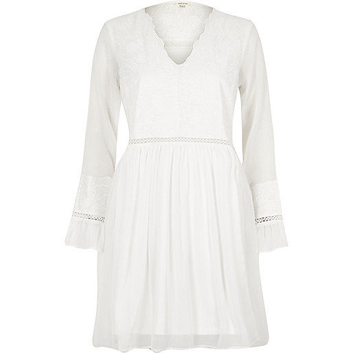 jacques-vertuk Cream lace long sleeve smock dress 696326 women Festival