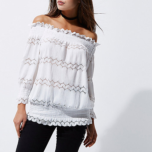 river island backless dress,jacques-vertuk Mens Cream lace shirred bardot top Bardot / Cold Shoulder Tops Tops women