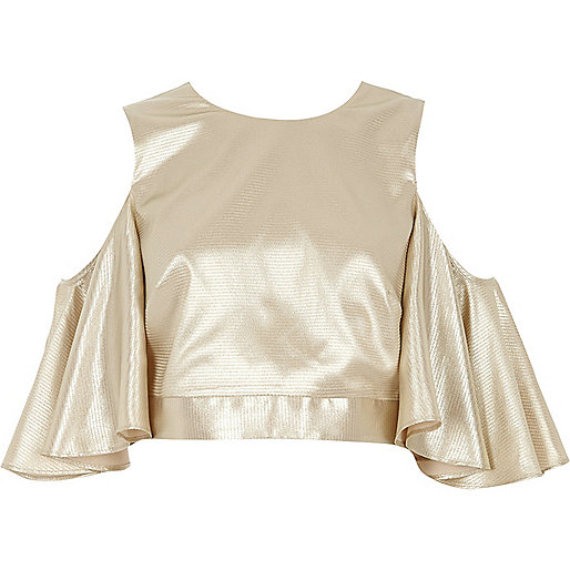 jacques-vertuk Cream metallic cold shoulder frill sleeve top 700080 women Tops