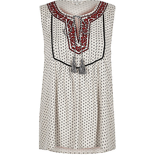 river island sid jeans,jacques-vertuk London Cream print embroidered sleeveless top women 706263