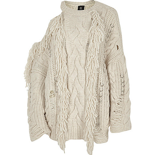 river island pink and white dress,jacques-vertuk Online Cream RI Studio cable knit fringe sweater women 707117