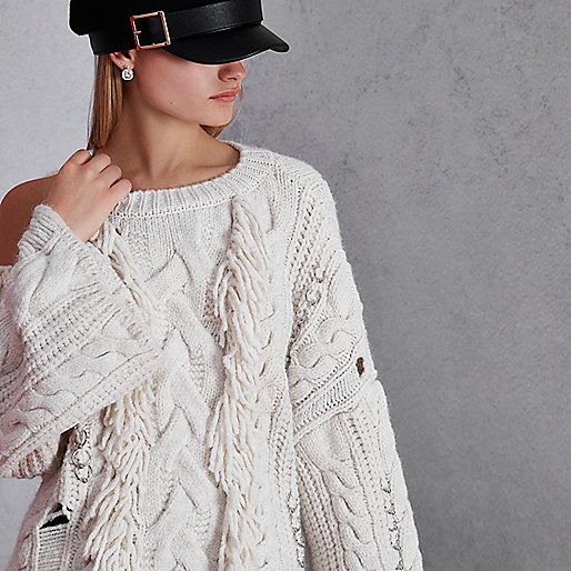 river island pink and white dress,jacques-vertuk Online Cream RI Studio cable knit fringe sweater women 707117