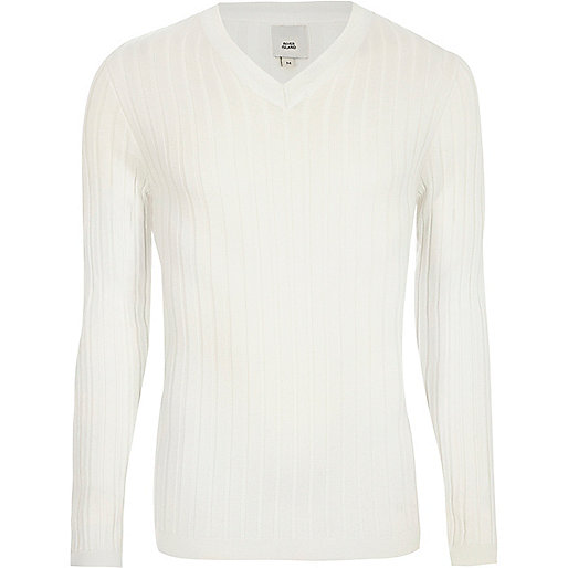 jacques-vertuk Cream rib muscle fit V neck sweater 303630 men Jumpers / Cardigans Jumpers