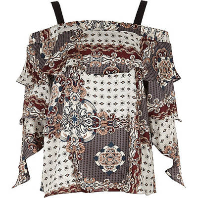 river island orange purse,jacques-vertuk Website Cream scarf print bardot frill sleeve top Bardot / Cold Shoulder Tops Tops women