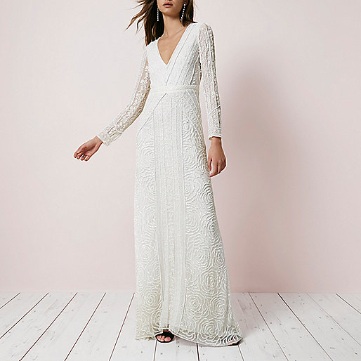 jacques-vertuk Cream sequin long sleeve maxi dress 701764 women Dresses Maxi Dresses