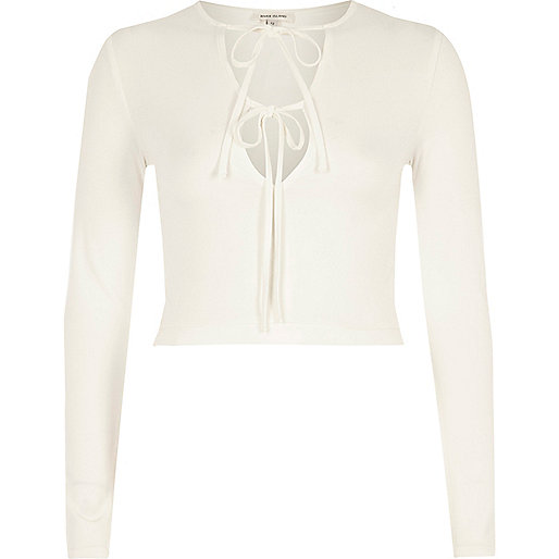 jacques-vertuk Cream tie up front long sleeve crop top 699810 women Tops