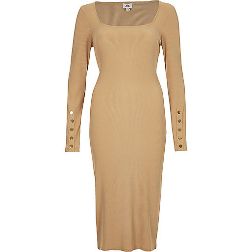 jacques-vertuk Dark beige rib long sleeve bodycon dress 706950 women Dresses Bodycon Dresses