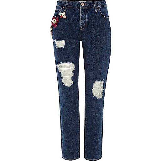 jacques-vertuk Dark blue brooch ripped boyfriend jeans 702256 women Jeans