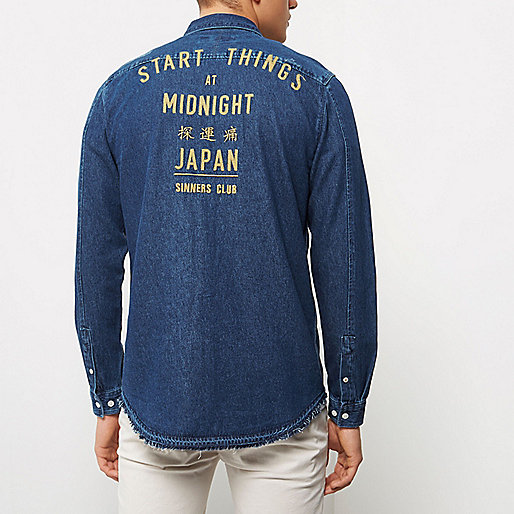 jacques-vertuk Dark blue frayed casual denim shirt 297485 men Shirts Long Sleeve Shirts