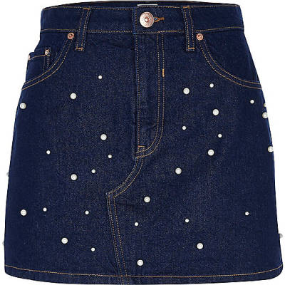 jacques-vertuk Dark blue pearl embellished denim skirt 706716 women Skirts Mini Skirts