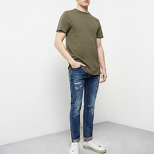 river island coats sale,jacques-vertuk Fashion Clothes Dark green curved hem longline T-shirt T-shirts T-Shirts / Tanks men