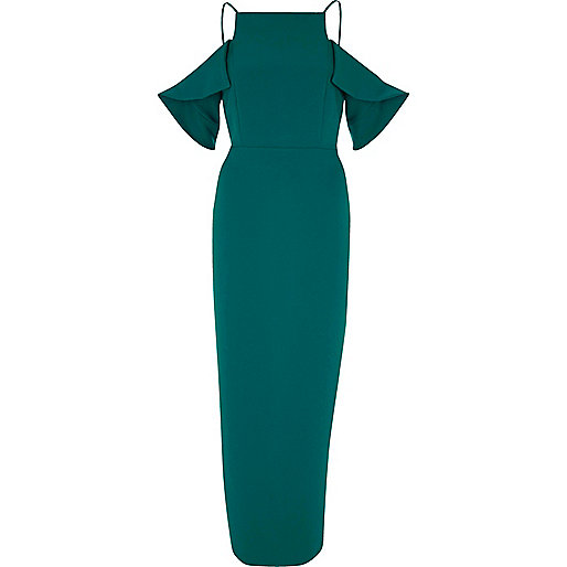 jacques-vertuk Dark green frill sleeve bodycon maxi dress 705587 women Dresses Maxi Dresses