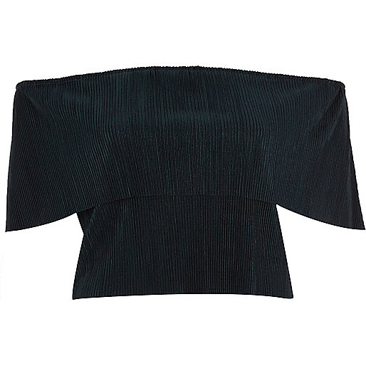 jacques-vertuk Dark green pleated deep frill bardot crop top 695001 women Tops