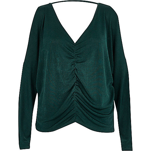 jacques-vertuk Dark green ruched front batwing top 701216 women RI Limited Edition