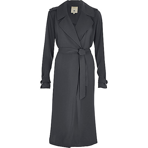 river island black pinafore,River I9Sland Dark grey belted duster trench coat Coats Coats / Jackets women