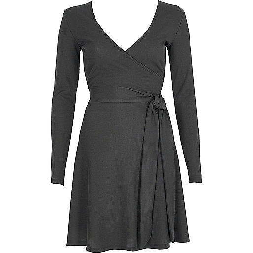 jacques-vertuk Dark grey rib ballet wrap long sleeve dress 706955 women Dresses Swing Dresses