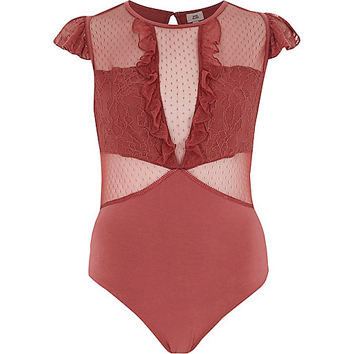 jacques-vertuk Dark pink dobby mesh frill bodysuit 706804 women Tops Bodysuits