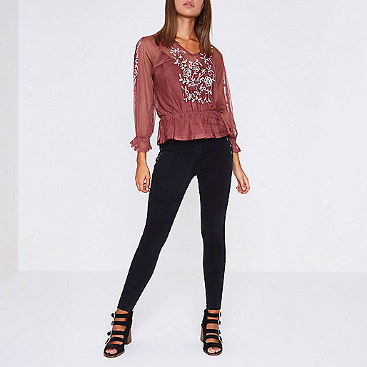 river island black high waisted jeans,jacques-vertuk Out Of Stock Items Dark pink mesh floral embroidered top Blouses Tops women