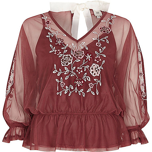 jacques-vertuk Dark pink mesh floral embroidered top 706987 women Tops Blouses