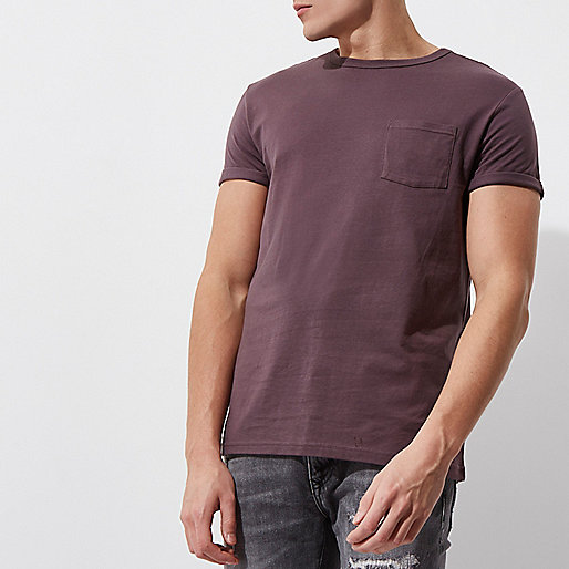 river island going out tops,For jacques-vertuk Dark pink rolled sleeve pocket T-shirt T-shirts T-Shirts / Tanks men