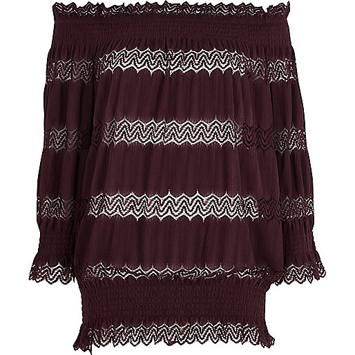 river island holiday sale,Dresses jacques-vertuk Dark purple lace shirred bardot top Bardot / Cold Shoulder Tops Tops women