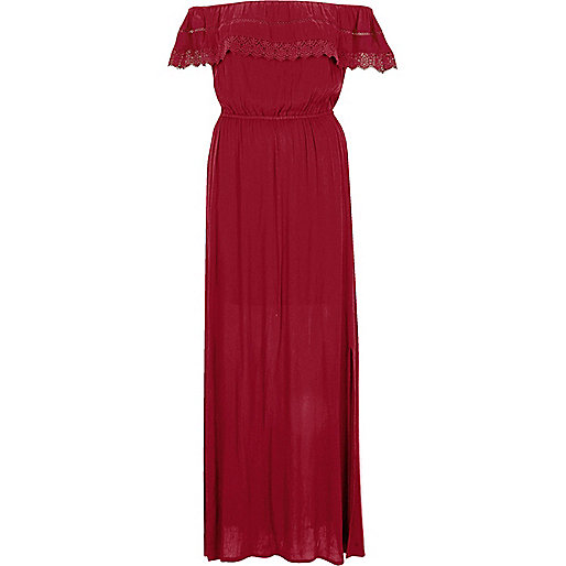 jacques-vertuk Dark red bardot lace frill maxi dress 703283 women Dresses Maxi Dresses