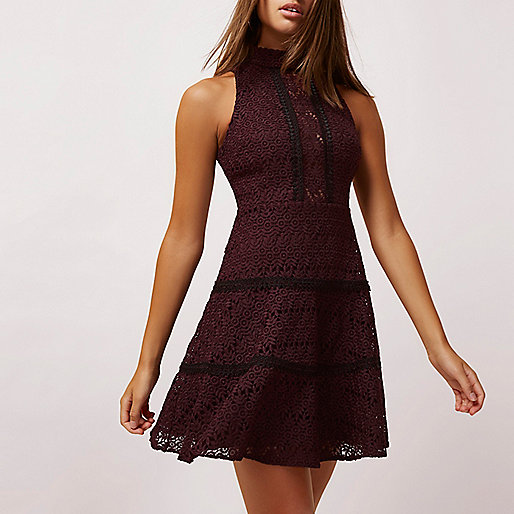 jacques-vertuk Dark red crochet high neck skater dress 703169 women Dresses Skater Dresses