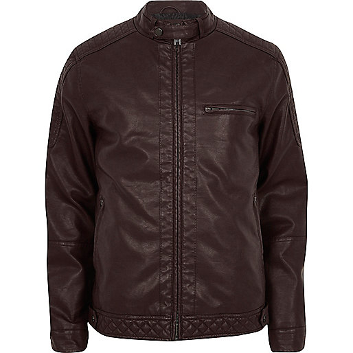 cream coat river island,jacques-vertuk South Africa Dark red faux leather racer jacket men 302110