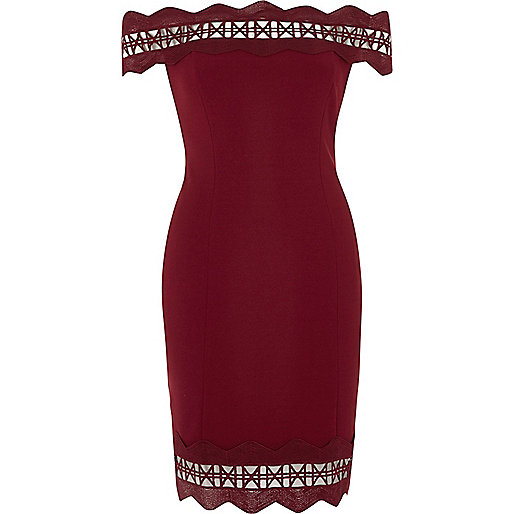 jacques-vertuk Dark red geo lazer cut bodycon bardot dress 709072 women Dresses Bardot / Bandeau Dresses