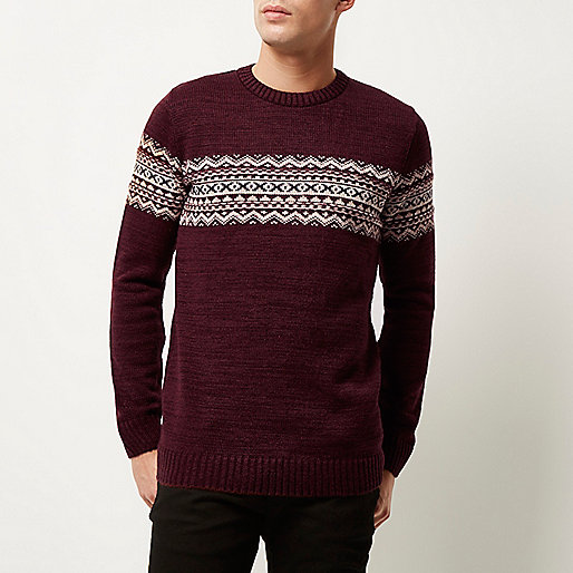 river island leather look jeans,Who Stocks jacques-vertuk Clothes Dark red knitted fairisle sweater Sweaters / Cardigans Sale men