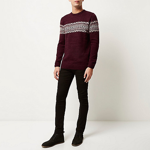 river island leather look jeans,Who Stocks jacques-vertuk Clothes Dark red knitted fairisle sweater Sweaters / Cardigans Sale men