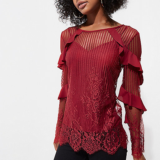 river island plisse,jacques-vertuk Outlet Dark red lace frill sleeve top women 704919