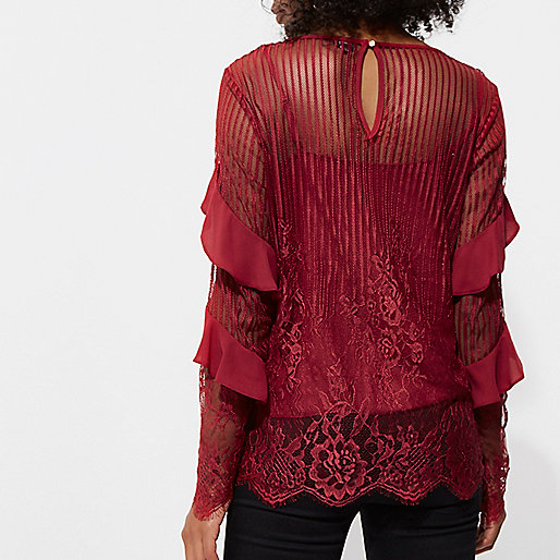 river island plisse,jacques-vertuk Outlet Dark red lace frill sleeve top women 704919