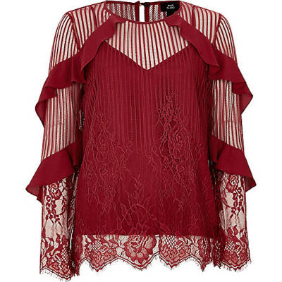 river island plisse,jacques-vertuk Outlet Dark red lace frill sleeve top women 704919