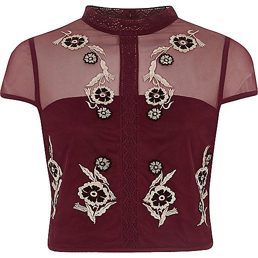 one4all river island,jacques-vertuk UK Dark red mesh embroidered cap sleeve crop top women 704588