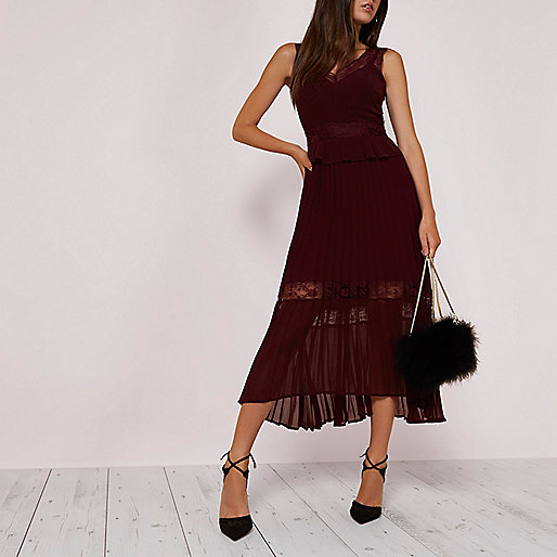 jacques-vertuk Dark red pleated skirt lace trim dress 702907 women Dresses Swing Dresses