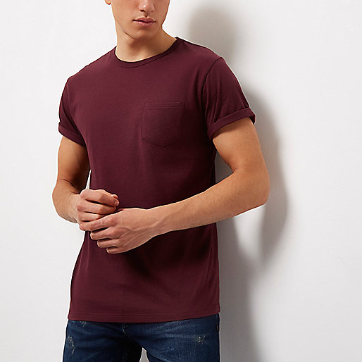 river island new in,Island In River Dark red roll sleeve T-shirt T-shirts T-Shirts / Tanks men