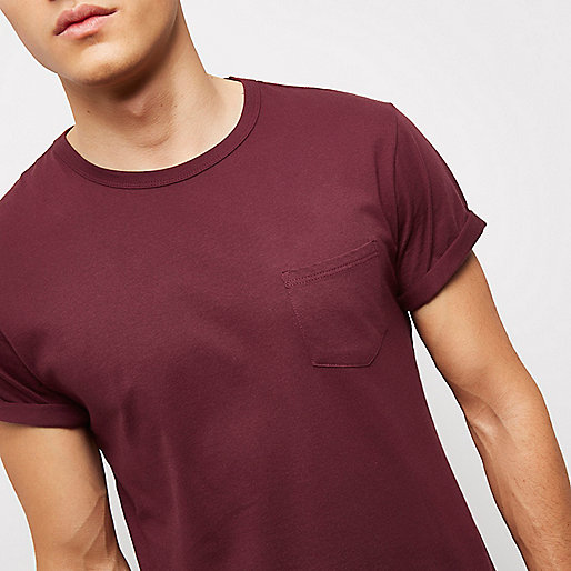 river island new in,Island In River Dark red roll sleeve T-shirt T-shirts T-Shirts / Tanks men